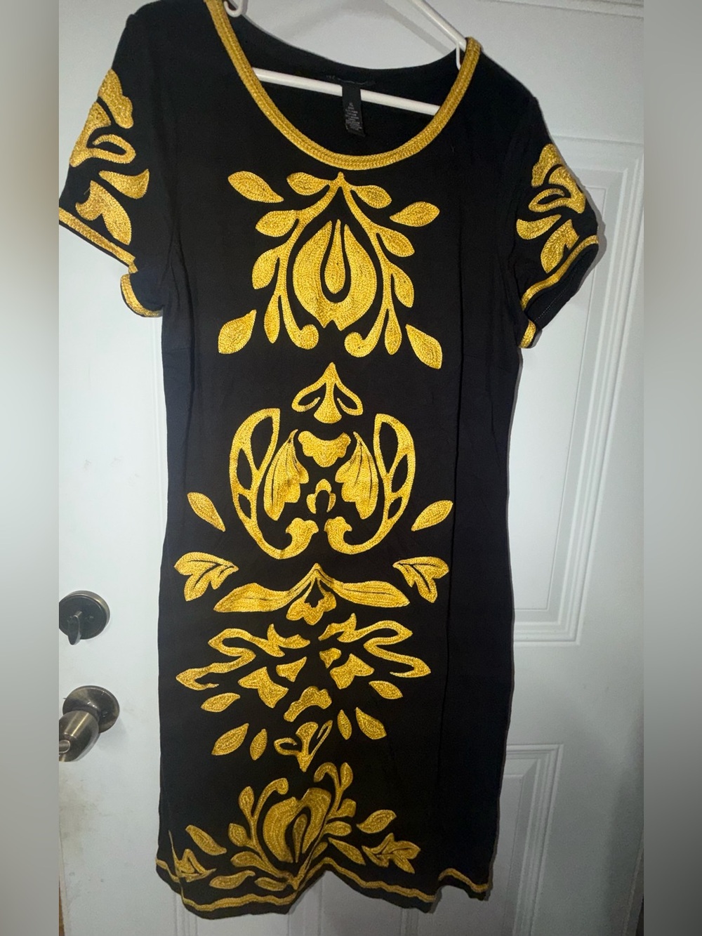 INC International Concepts Black Shift Dress with Gold Embroidery
